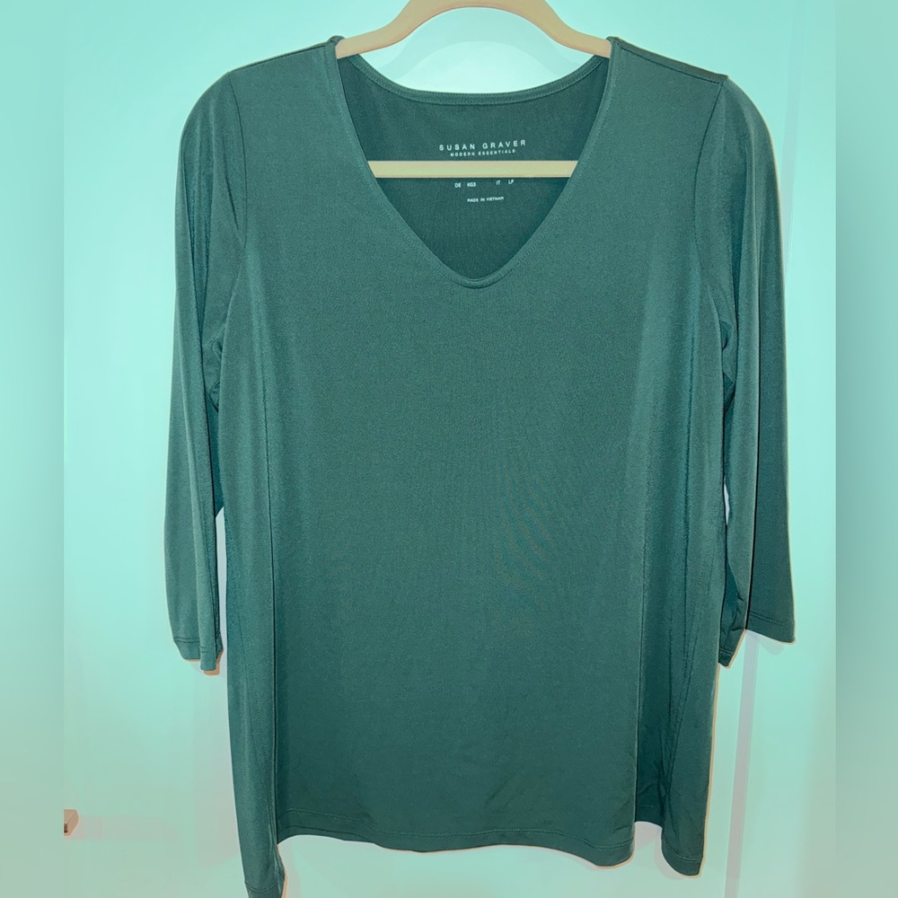 Susan Graver Green Fitted 3/4 Sleeve Blouse